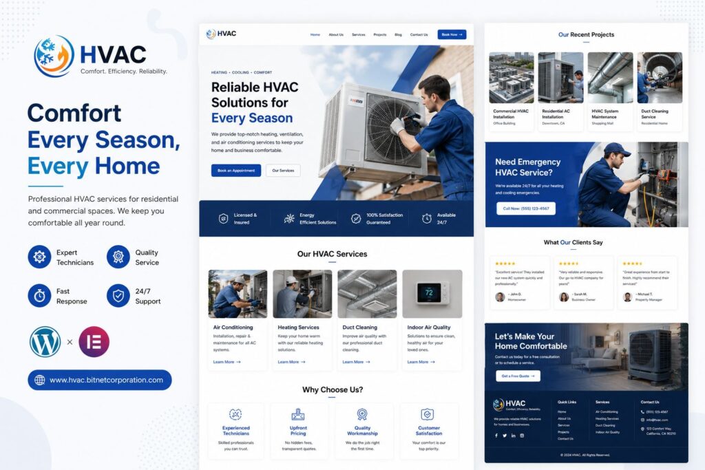 Professional HVAC Website Design WordPress Template Built with Elementor